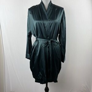 Victorias Secret Short Robe Attached‎ Belt One Size Forest Green Silky Pockets